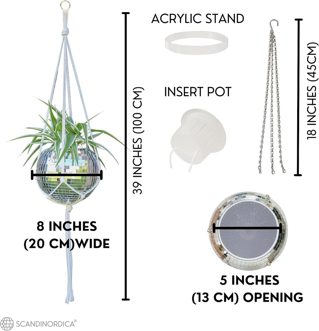 Disco Ball Planter – Value Package: Disco Pot with Chain, Macrame Hanger, Acrylic Stand and Self Watering Insert | 8
