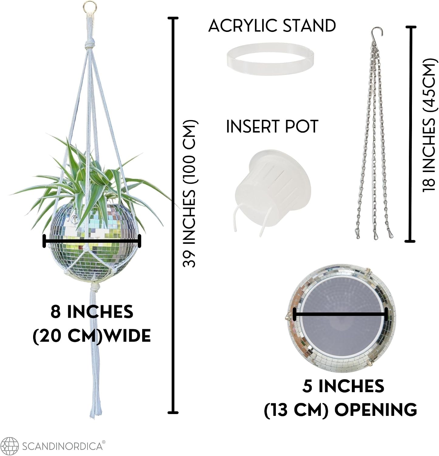 Disco Ball Planter – Value Package: Disco Pot with Chain, Macrame Hanger, Acrylic Stand and Self Watering Insert | 8