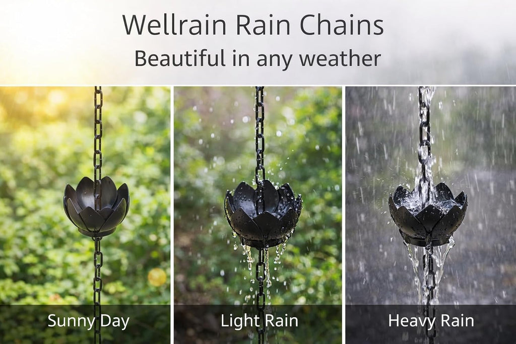 Black Lotus Rain Chain for Gutters with Adapter, 8.5 FT Decorative Rain Chains for Gutters Outdoor, 12 Flower Cups