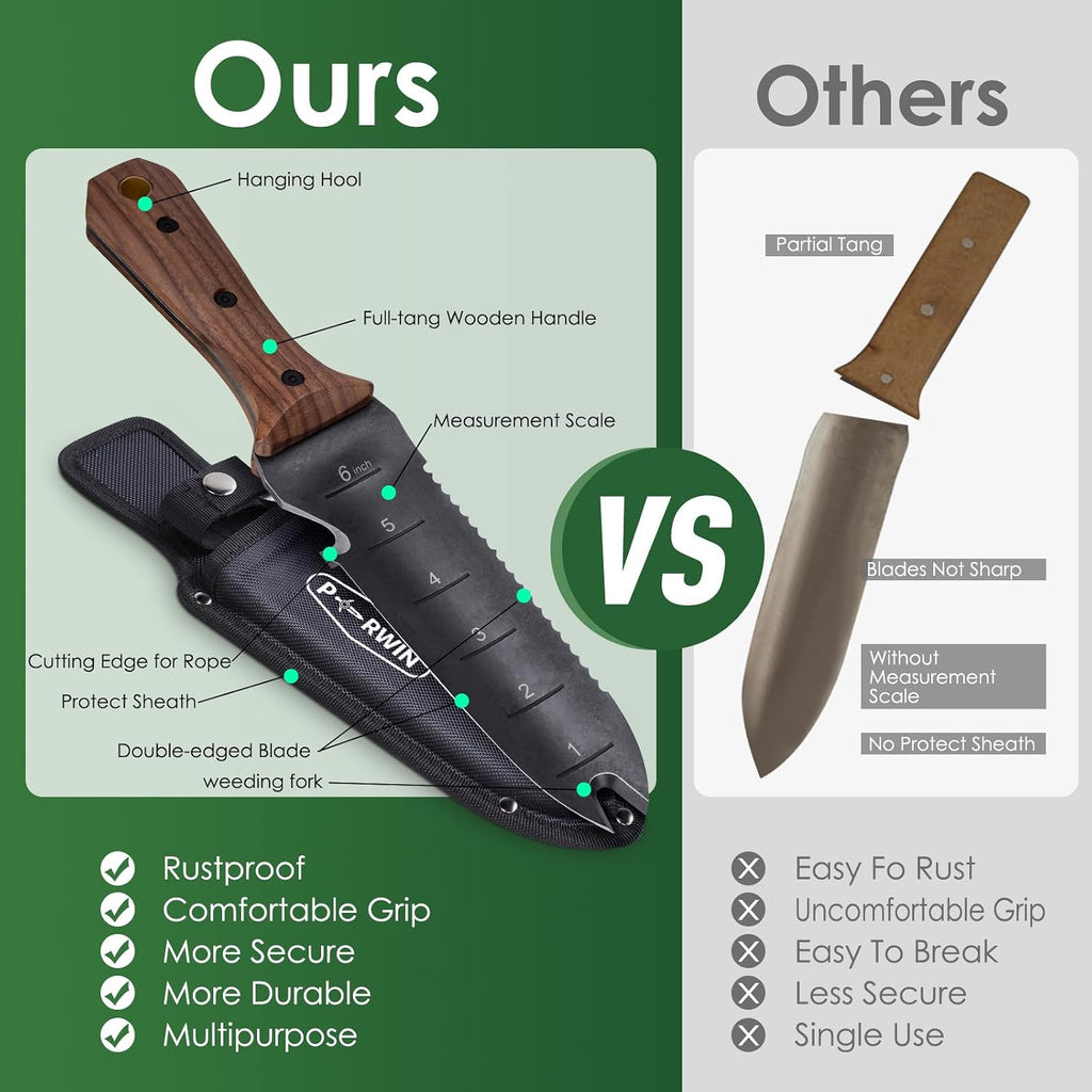 PERWIN Hori Hori Garden Knife, Garden Tools with Sheath for Weeding, Planting, Digging, 7" Stainless Steel Blade with