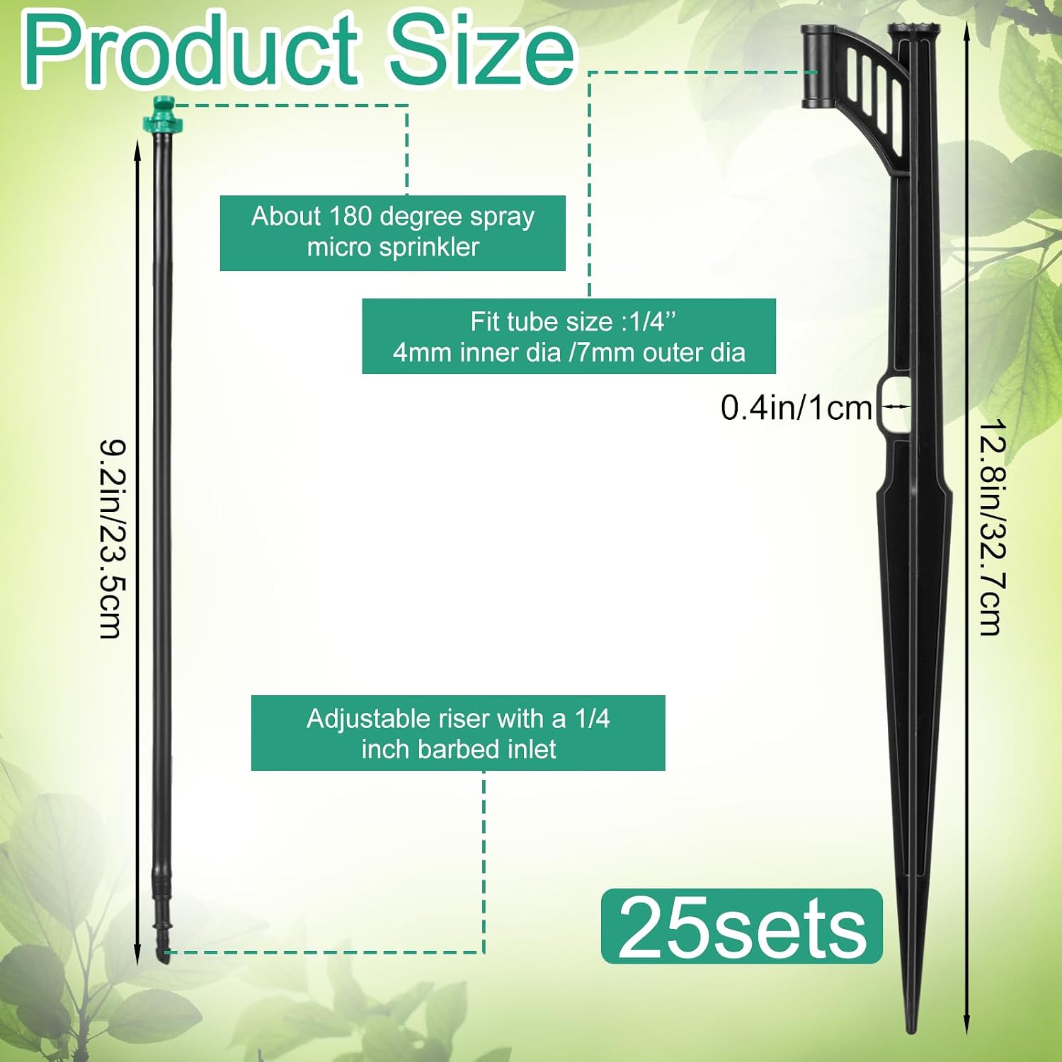 25 Pcs 12.8 Inch Drip Irrigation Stakes with 180 Degree Sprayer Emitters and Sprinkler Extension Riser 1/4 Inch Drip