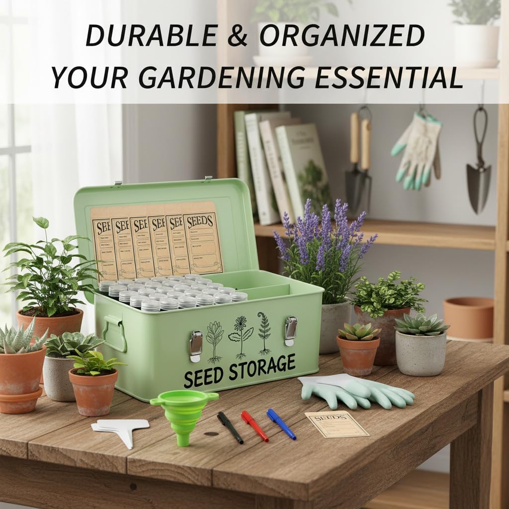 Metal Seed Storage Box Organizer with 3 Compartments, Safety Lock Lid Bin Seed Bottles Envelopes, Plant Labels