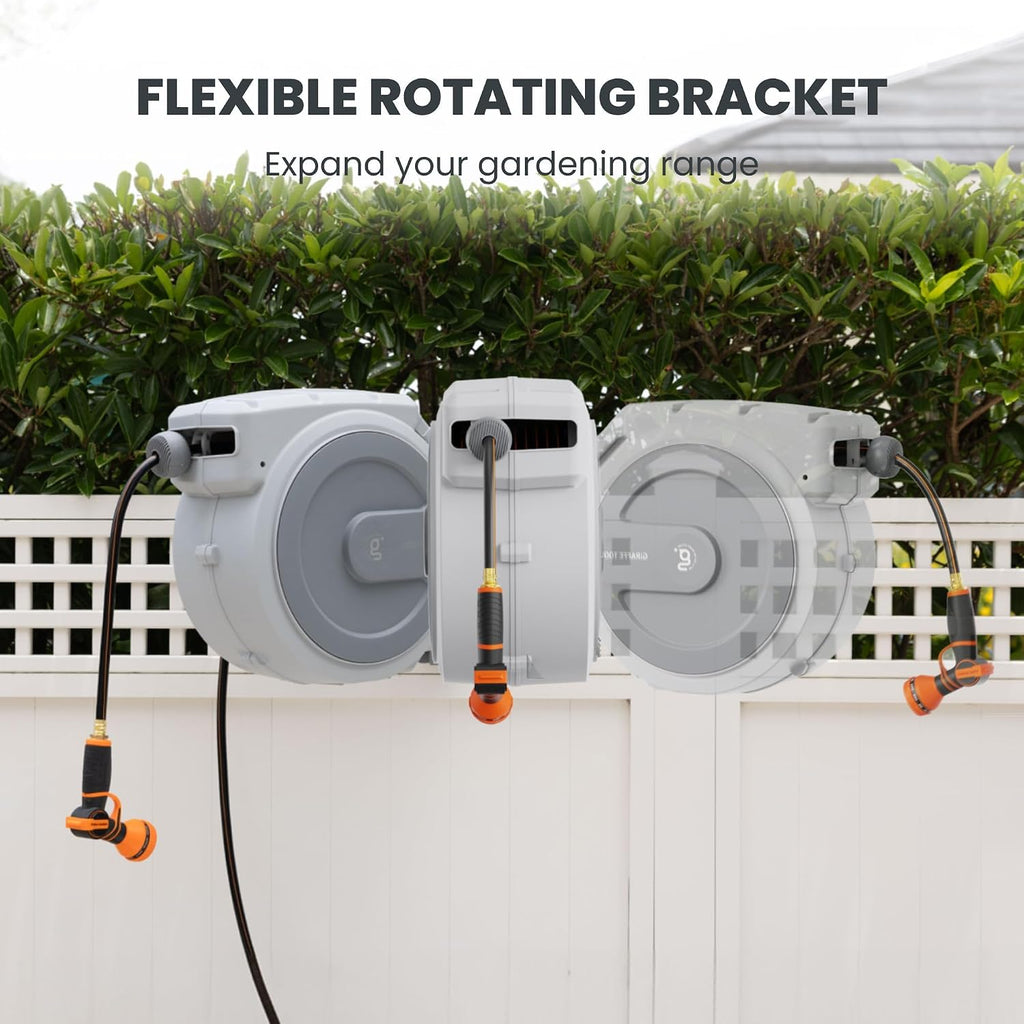 Giraffe Tools Retractable Garden Hose Reel 1/2"130FT Wall Mount Light Grey | Any Length Lock,Auto Rewind System,180°