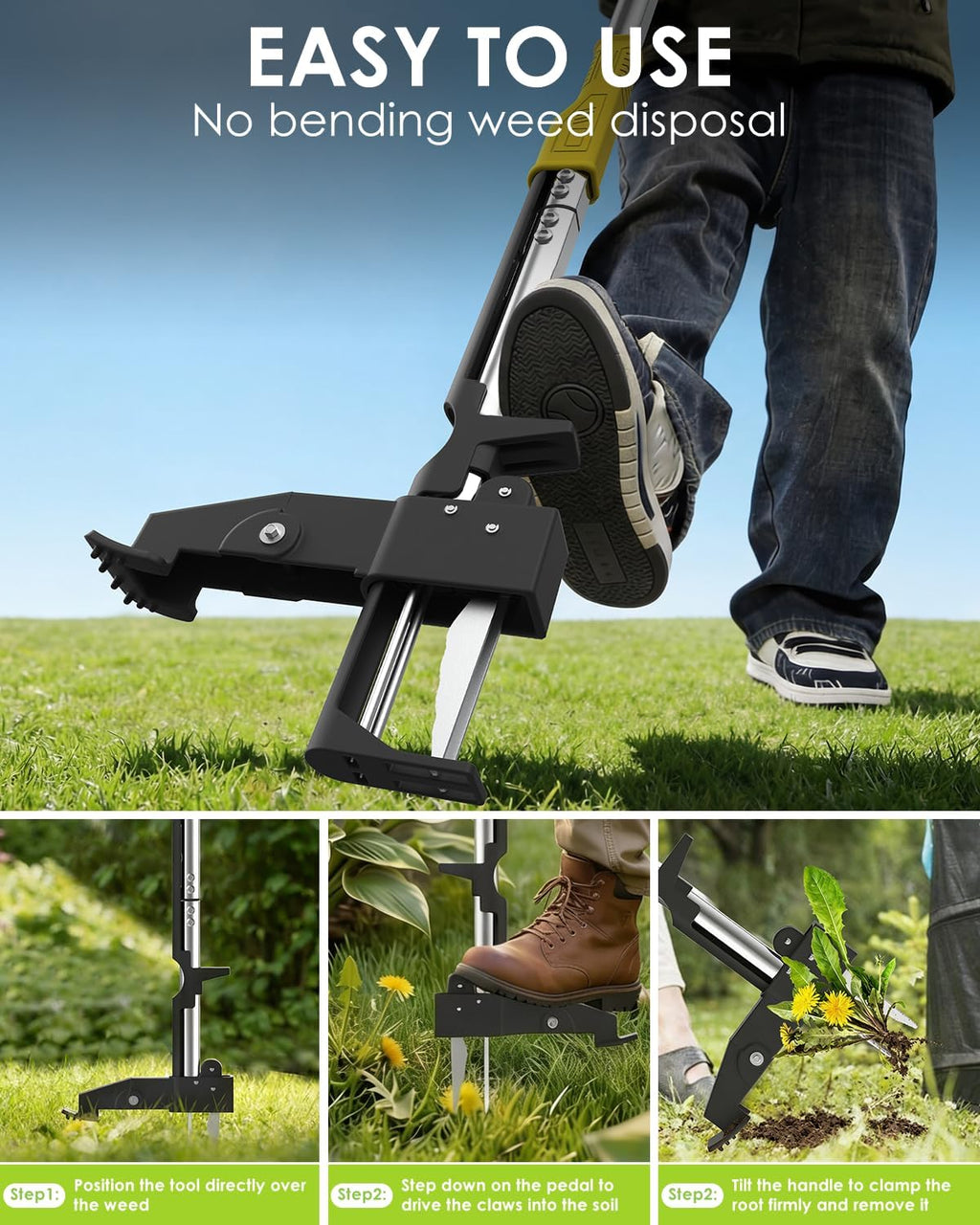 Luvenia Heavy Duty Stand Up Weed Puller Tool, Weed Removal Tool with 41.3" Long Handle & 4 Claw Steel Head, Garden Hand