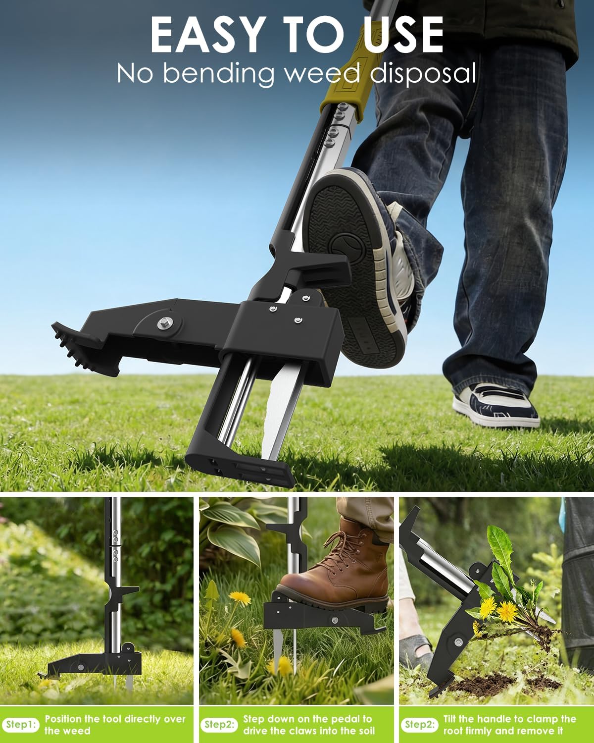 Luvenia Heavy Duty Stand Up Weed Puller Tool, Weed Removal Tool with 41.3" Long Handle & 4 Claw Steel Head, Garden Hand