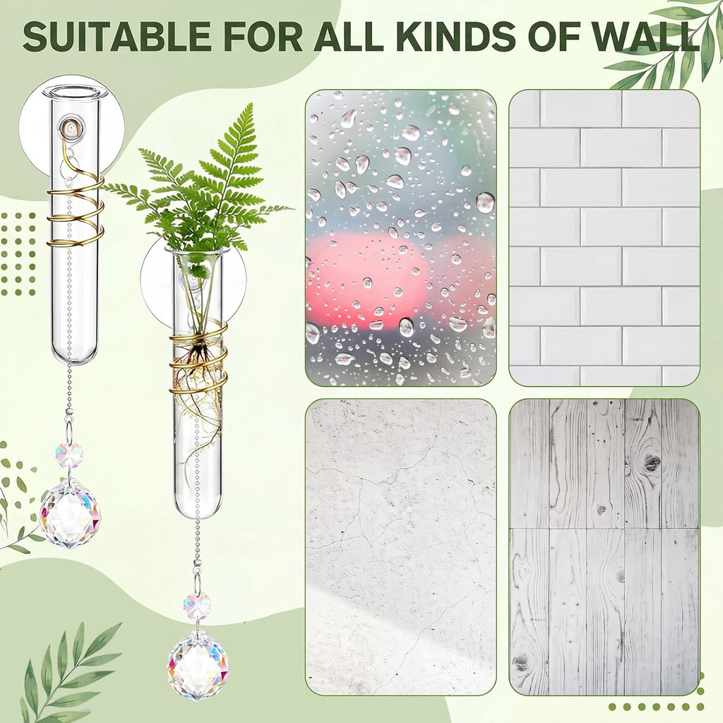 Zhehao 4 Set Window Hanging Propagation Stations 5.9'' Plastic Propagation Vases with Suction Cup & Crystal Pendants