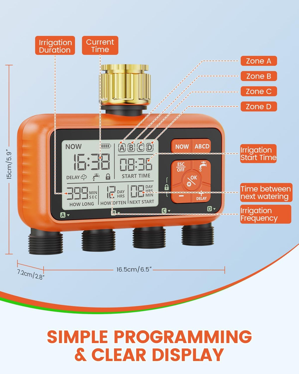 Sprinkler Timer 4 Zone with Brass Inlet Water Timer for Garden | Programmable Faucet Controller with Independent Zone