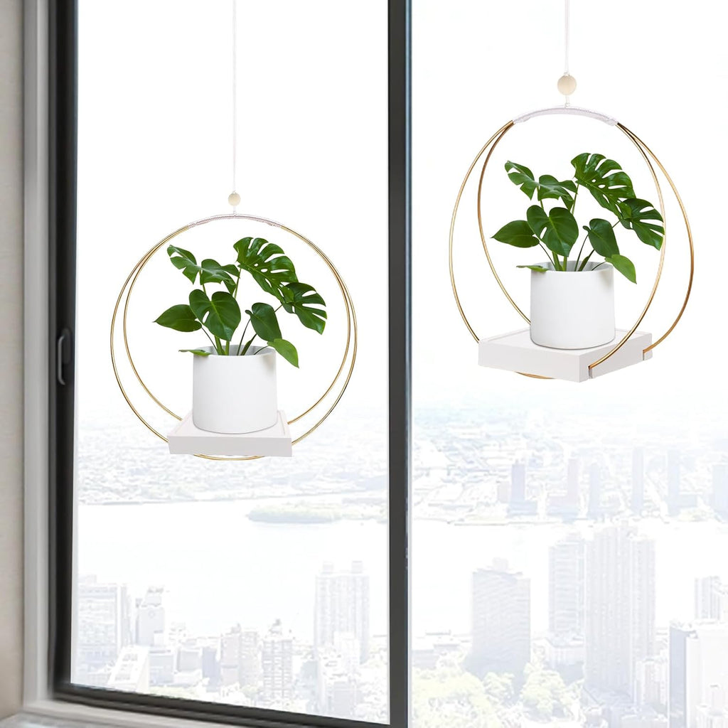 hismocal 2 Pack Hanging Planter Holder for Indoor Plants, Plant Hanger with Sturdy Wood Base,Modern Boho Macrame Wall