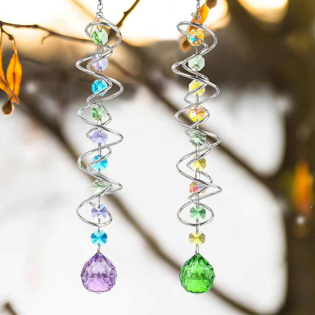Set of 3 Crystal Suncatcher Spiral Wind Spinner Gazing Ball Decor | Crystal Suncatcher Rainbow Maker with Spiral Tail