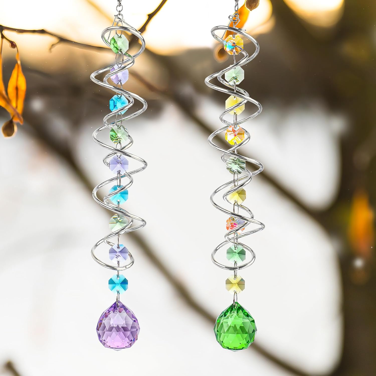 Set of 3 Crystal Suncatcher Spiral Wind Spinner Gazing Ball Decor | Crystal Suncatcher Rainbow Maker with Spiral Tail