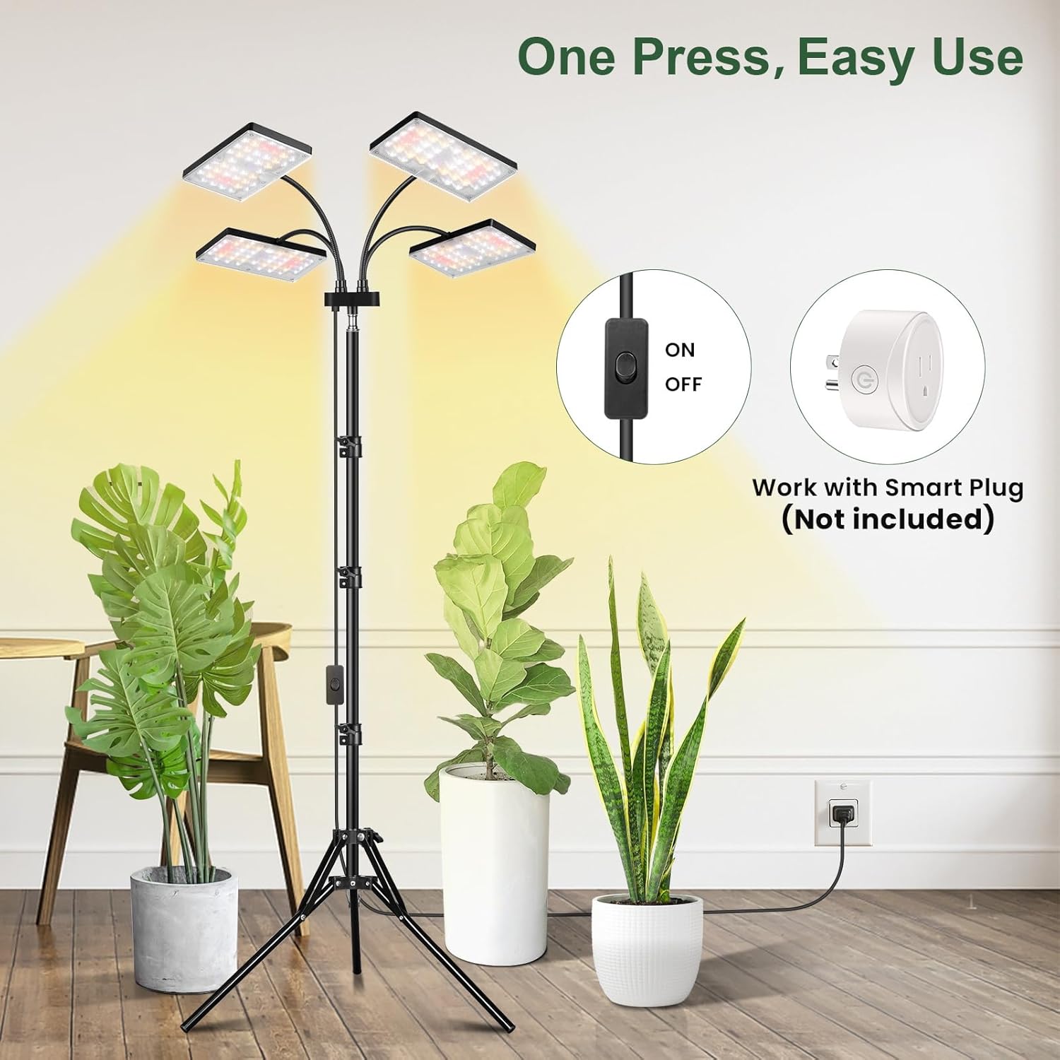 LBW Grow Light for Indoor Plants, Quad-Head Standing Plant Light, Full Spectrum, Wide Coverage, 63” Adjustable Height