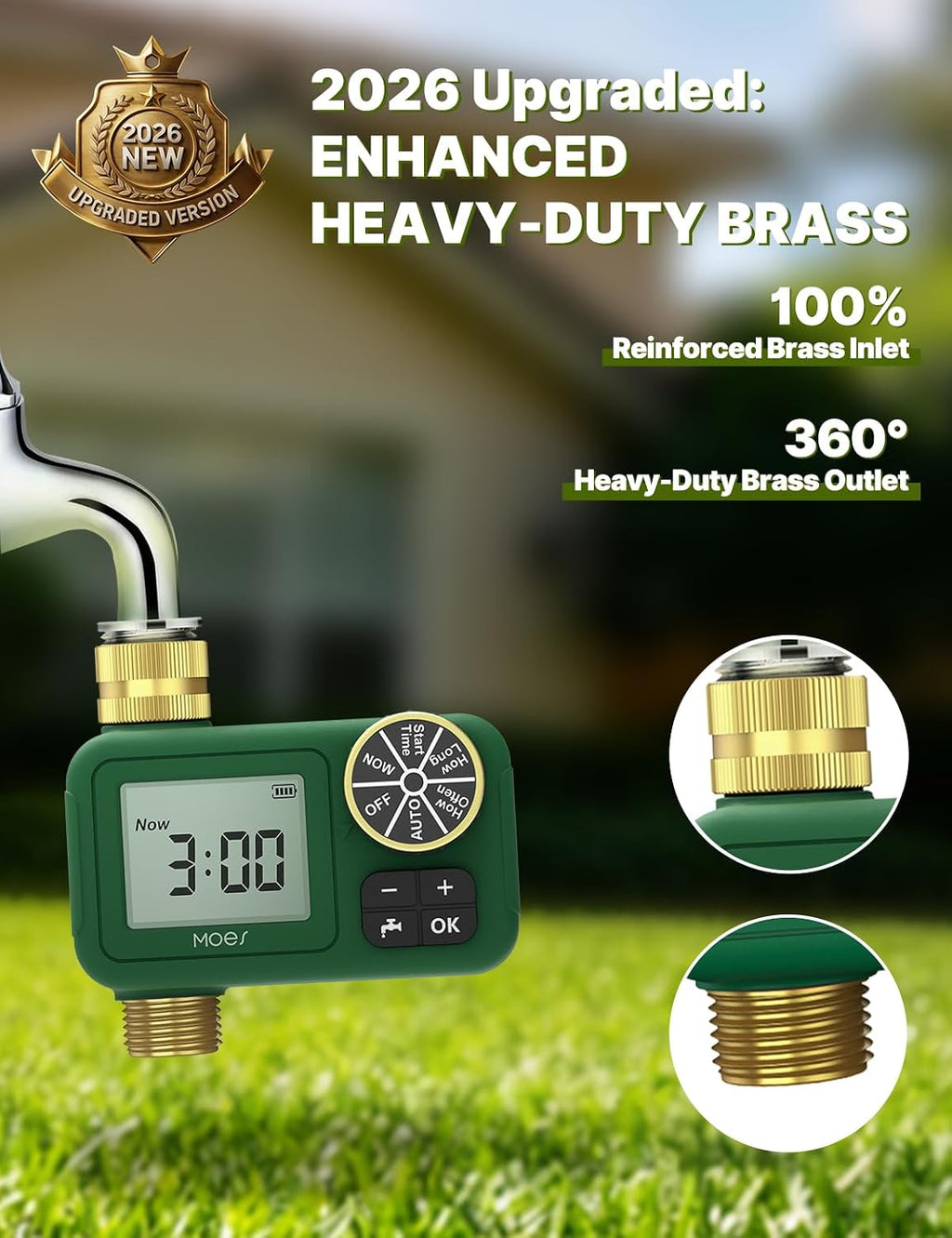 MOES Water Timer for Garden Hose, 1 Outlet, Rain Delay, Brass Fittings | Battery Sprinkler Timer, Programmable 1-Outlet