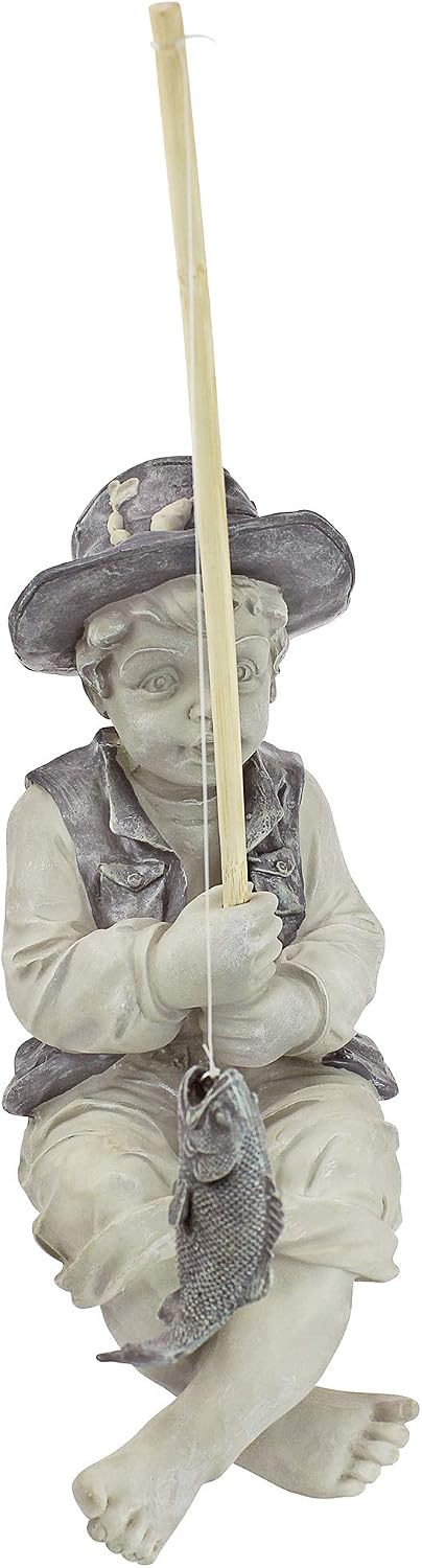 Design Toscano Frederic the Little Fisherman of Avignon Boy Fishing Garden Statue, 15 Inch Tall, Cast Stone Resin, Two