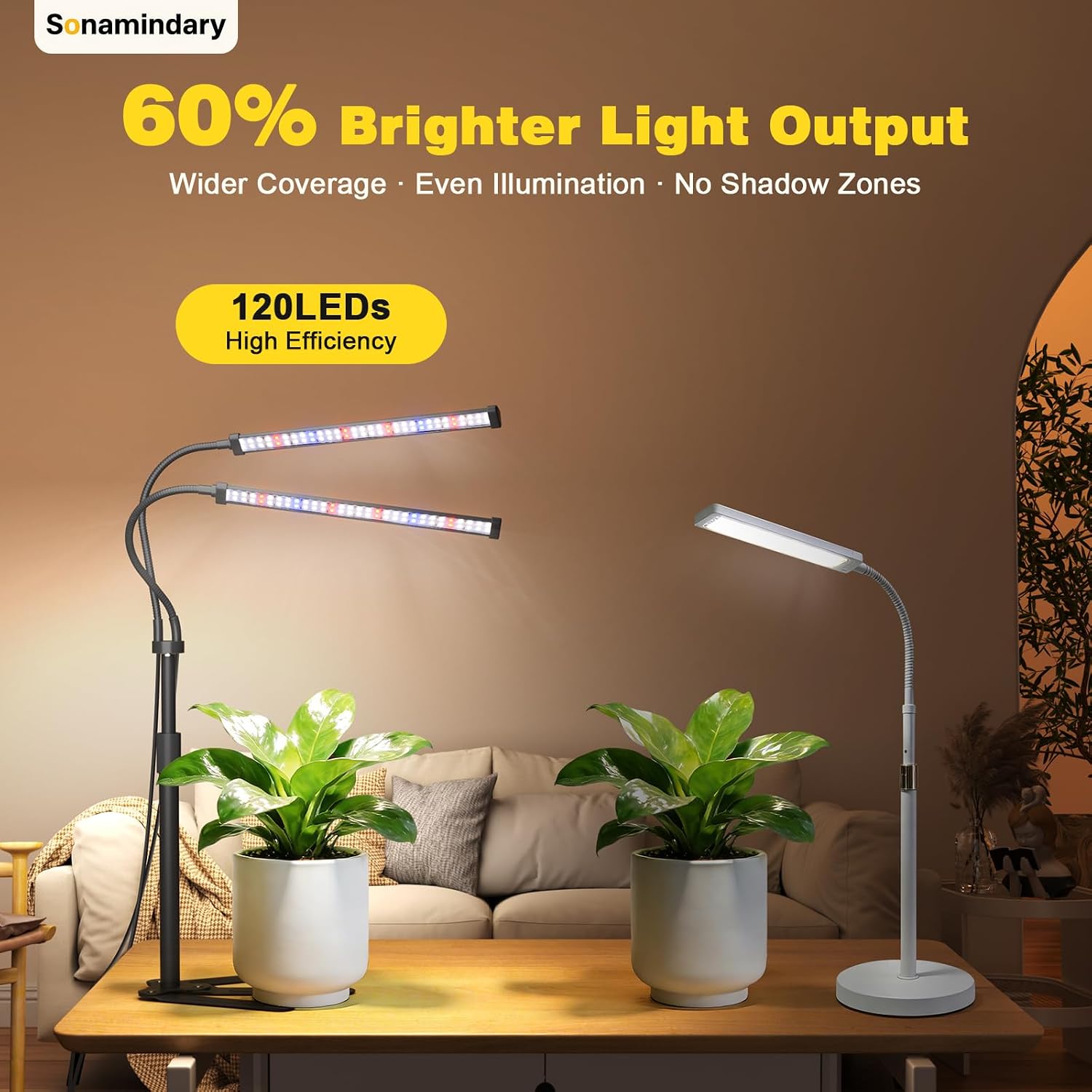 LED Grow Lights for Indoor Plants, Tripod Stand, Dual Head | 120 LEDs, Upgraded 9V System, 9.8-35 in Adjustable Tripod