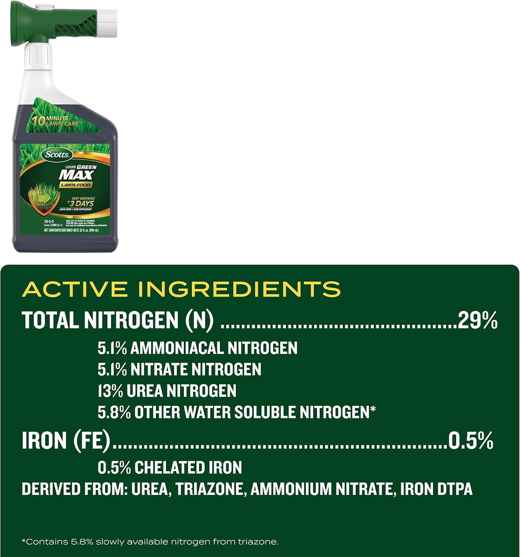 Scotts Liquid Green Max Lawn Food, 32 fl. oz. | Liquid Lawn Fertilizer and Iron Supplement, For Any Grass Type, 29-0-0