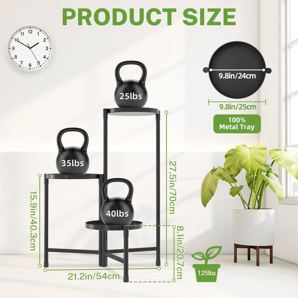 iDavosic.ly 3 Tier Large Plant Stand Indoor Outdoor, 10 In Wide Tray, Black | Tiered Metal Corner Heavy Duty Multiple
