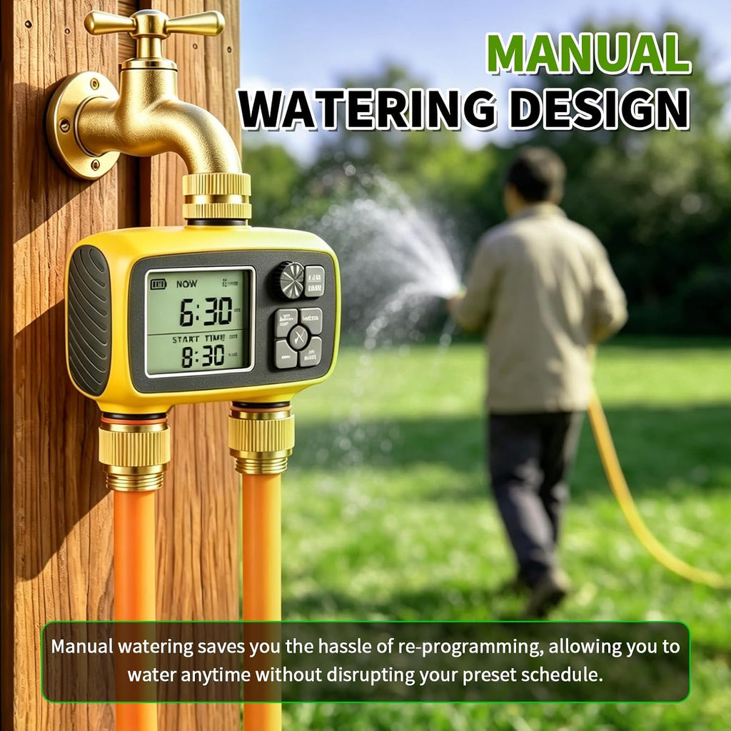 Upgraded Brass Sprinkler Timer-2 Zone Water Hose Timers with Metal Inlet & Outlet-Waterproof & Programmable Design