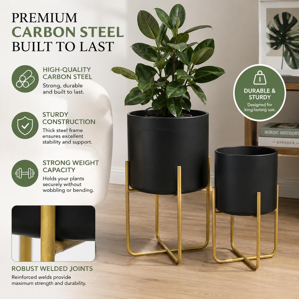 Kirpi Modern Planter Pots, Set of 2 Round Black Planters with Gold Stand, Decorative Floor Planters, Steel Pots with