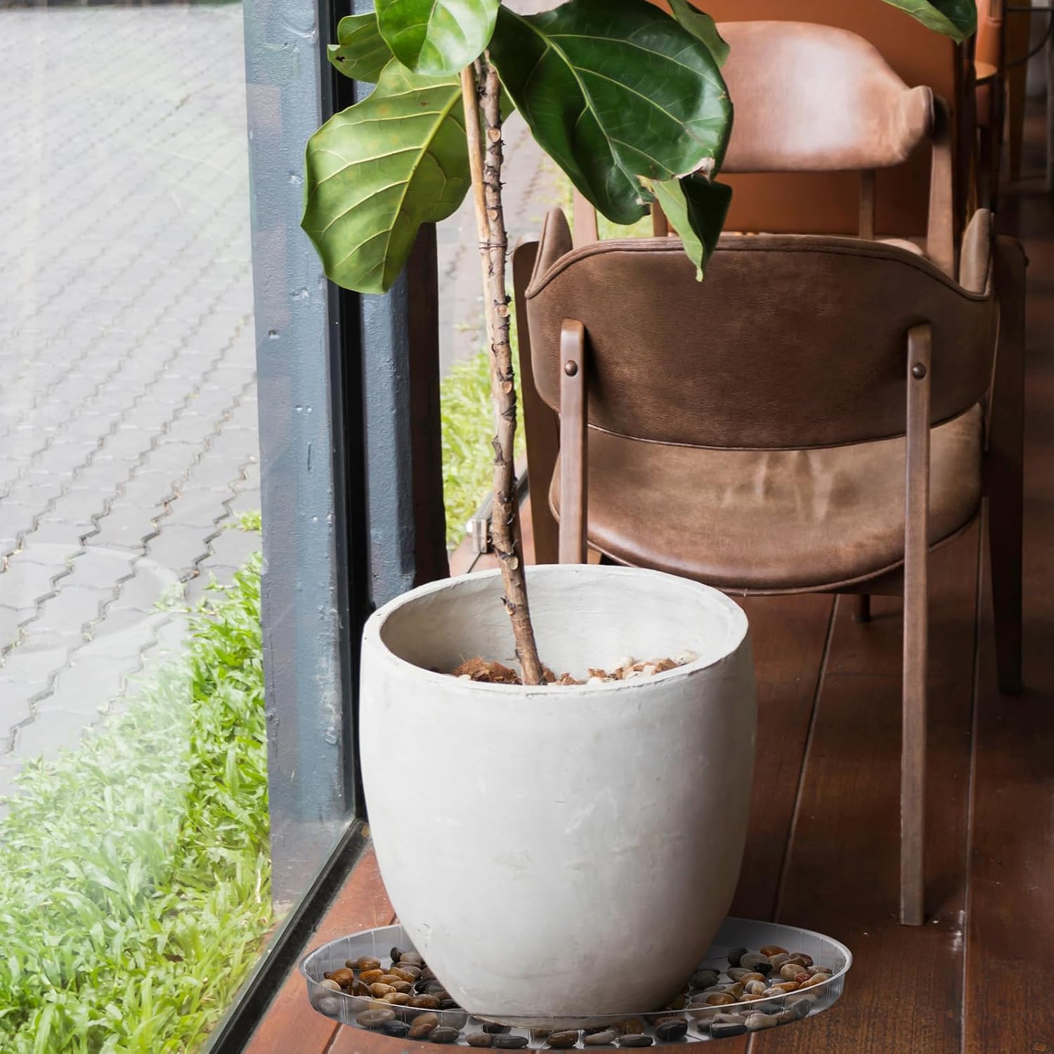DoubleFill 6 Pcs 25 Inch Plant Saucer Large Clear Plastic Flower Plant Trays Heavy Duty Round Water Catcher for Pots