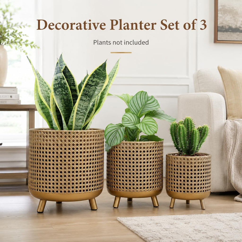 JHY DESIGN Set of 3 Plant Pots 10/8.5/7''H Metal Decoration Flower Pots with Hollow Design Large planters for Indoor &