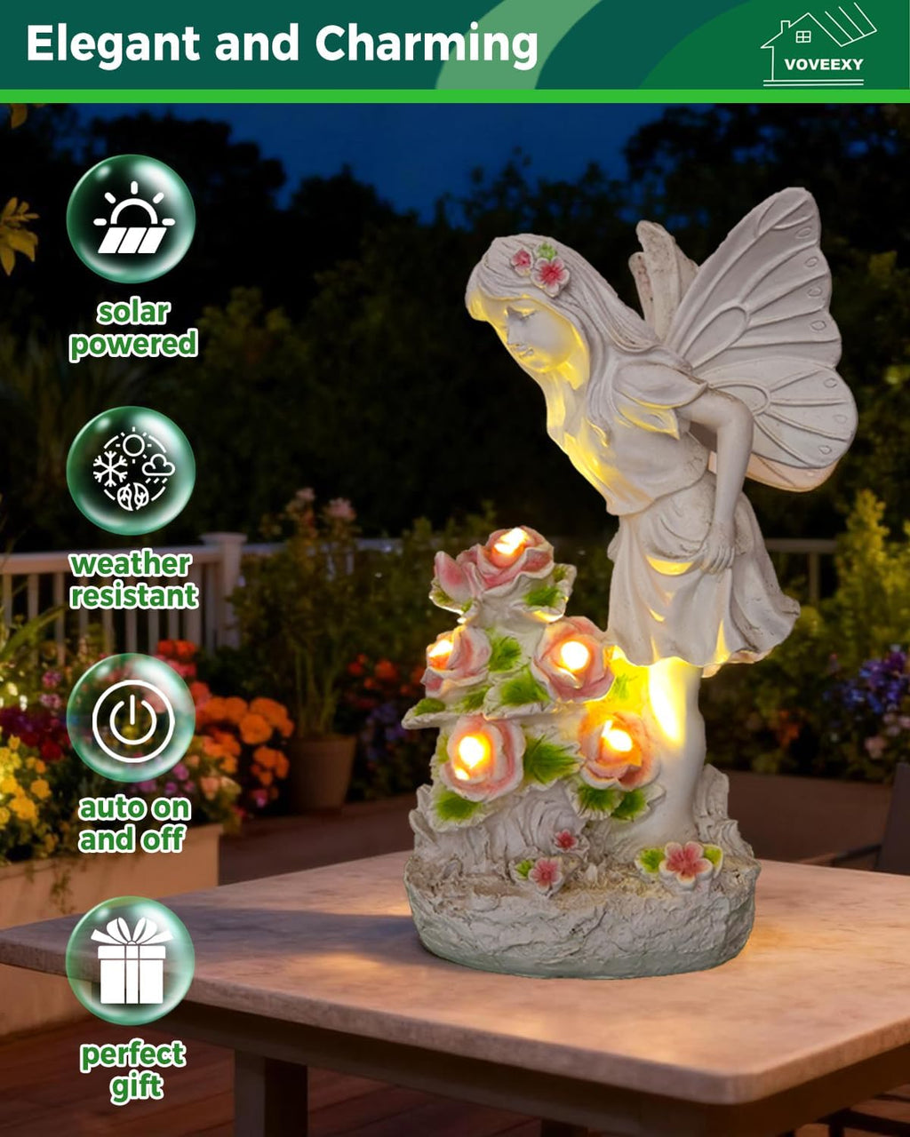 Voveexy Garden Figurines Angel Garden Statue Outdoor Decor, Solar Powered Resin Sculpture with 5 LEDs Art Decoration