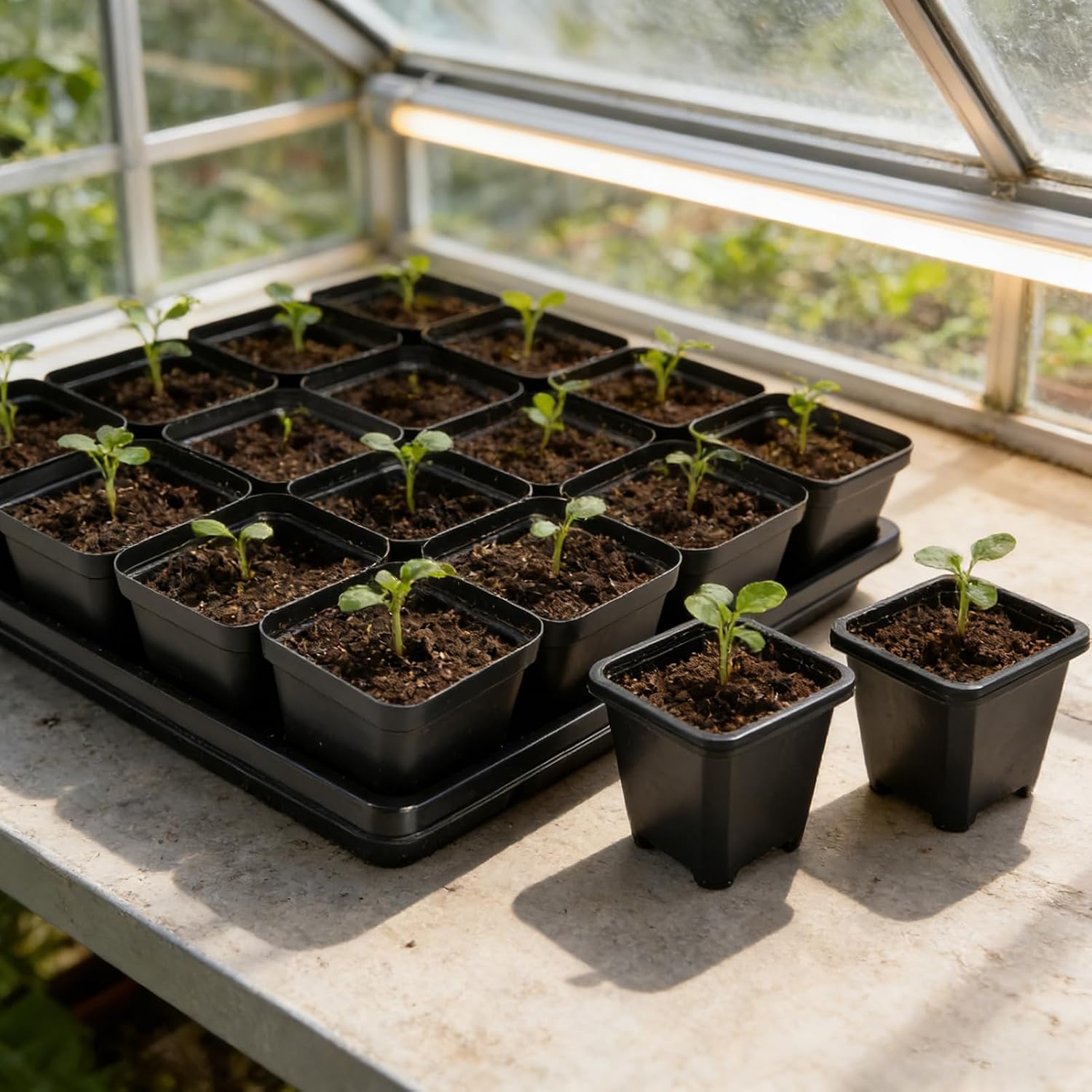 2.6in 100 Pcs Square Nursery Pots with 5 Pcs Plastic Seed Starting Trays | Plant Propagation Starter Kit with Drain