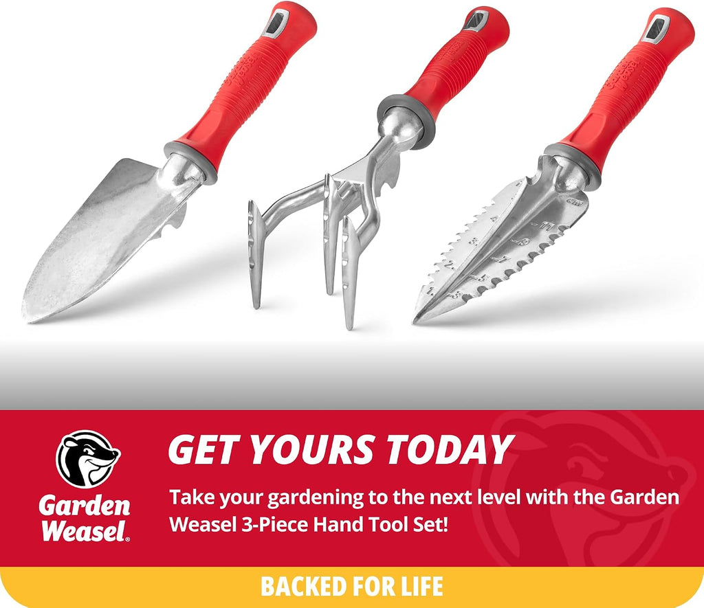 Garden Weasel 3Piece Hand Tool Set Trowel Transplanter Cultivator Gardening | Heavy duty steel combo set for digging