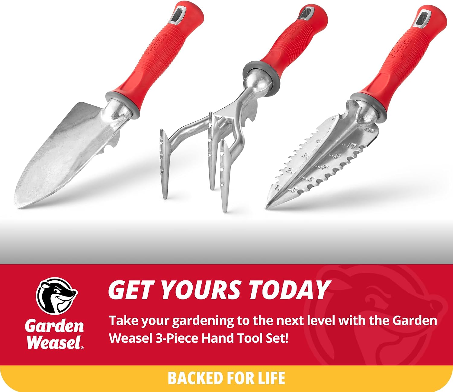 Garden Weasel 3Piece Hand Tool Set Trowel Transplanter Cultivator Gardening | Heavy duty steel combo set for digging