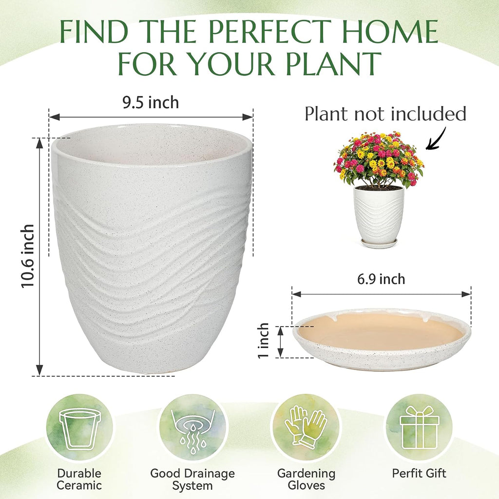 9.5 Inch Flower Pots for Indoor Plants,Ceramic Planter with Saucer Drainage Leak-Proof Mesh Gardening Gloves
