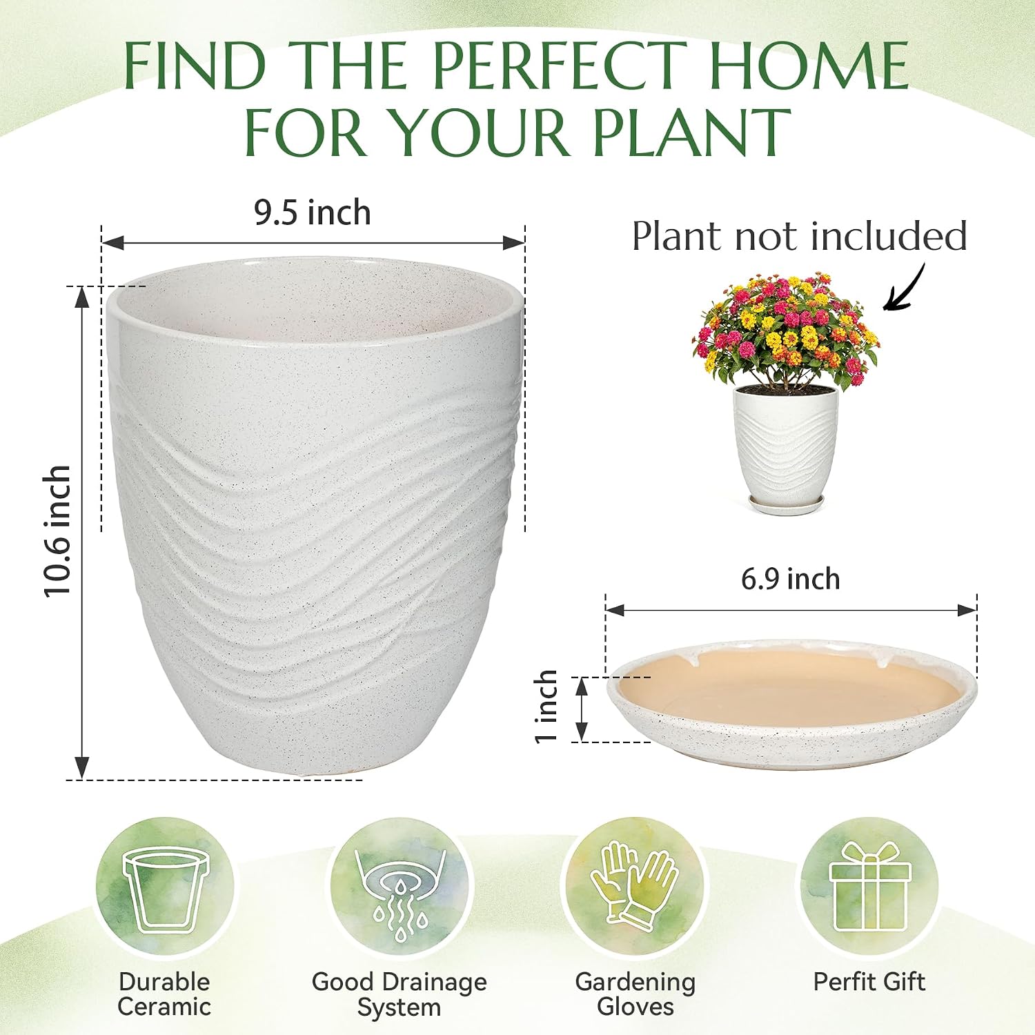 9.5 Inch Flower Pots for Indoor Plants,Ceramic Planter with Saucer Drainage Leak-Proof Mesh Gardening Gloves