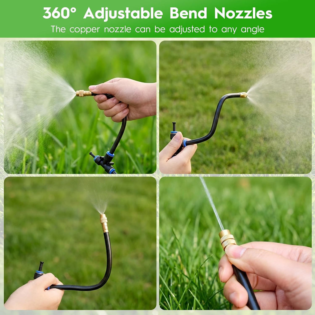 100FT Drip Irrigation System, 1/4" PE Tubing Garden Watering System with 20pcs 360° Bendable Copper Nozzles