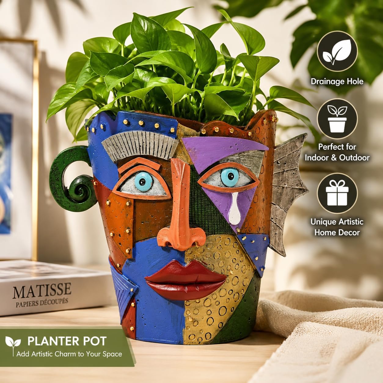 Picasso Abstract Face Planter Colorful Head Planter for Indoor Outdoor | Handmade Resin Art Pot with Drainage | Picasso