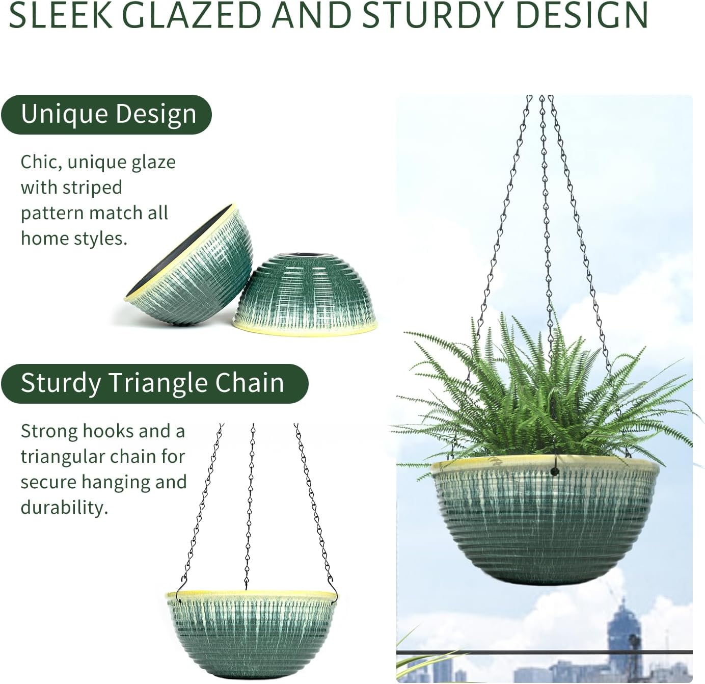 10inch Hanging Planter, 2 Pack Hanging Planters for Indoor and Outdoor Plants, Glazed Hanging Plant Holder with