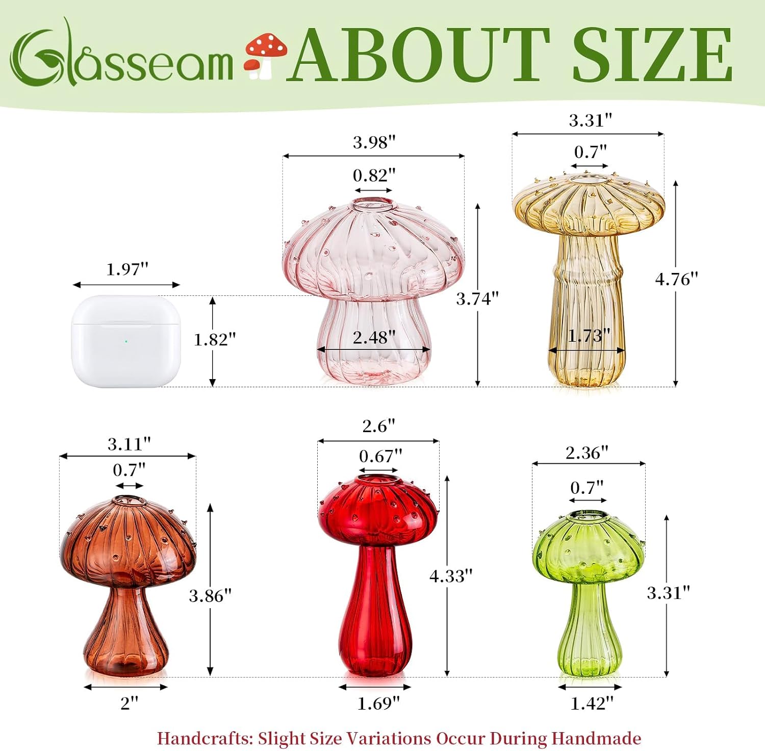 Glasseam Mushroom Plant Propagation Station: 5 Pcs Glass Mini Terrarium | Colored, Small Hydroponic Planter, Cute