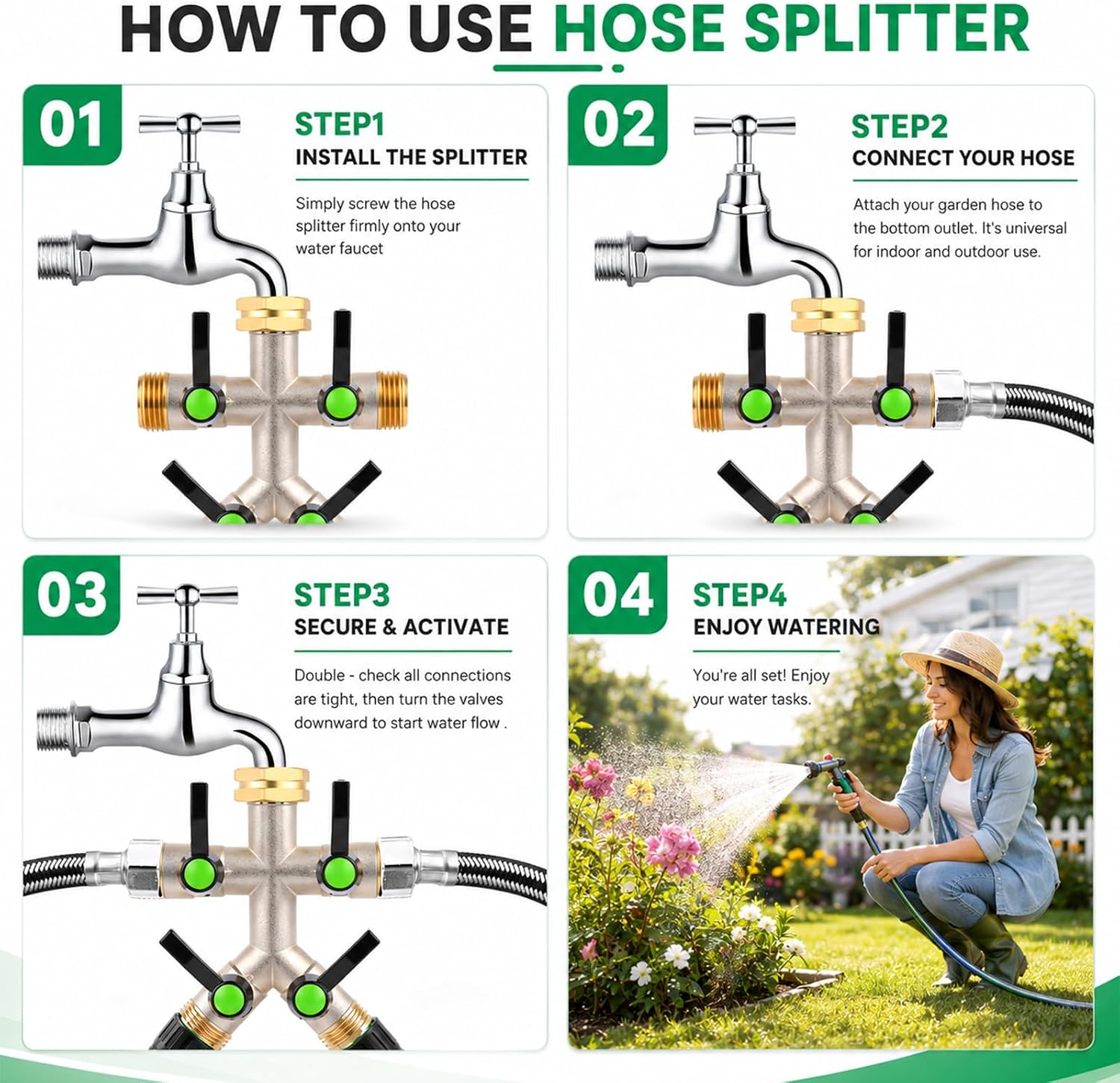 4 Way Hose Splitter, Heavy Duty Brass Garden Hose Connector, 3/4" GHT Water Spigot Splitter with 4 Shutoff Valves, High
