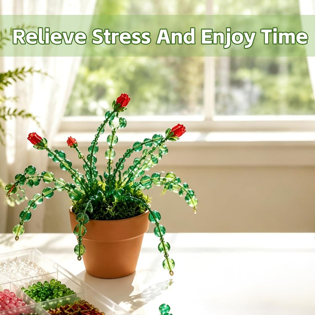 DREVIONARA 6384pcs Beaded Plants Kit Magnets for Fridge,Forever Plant Kit with Green Beads Leaf Glass Flowers for