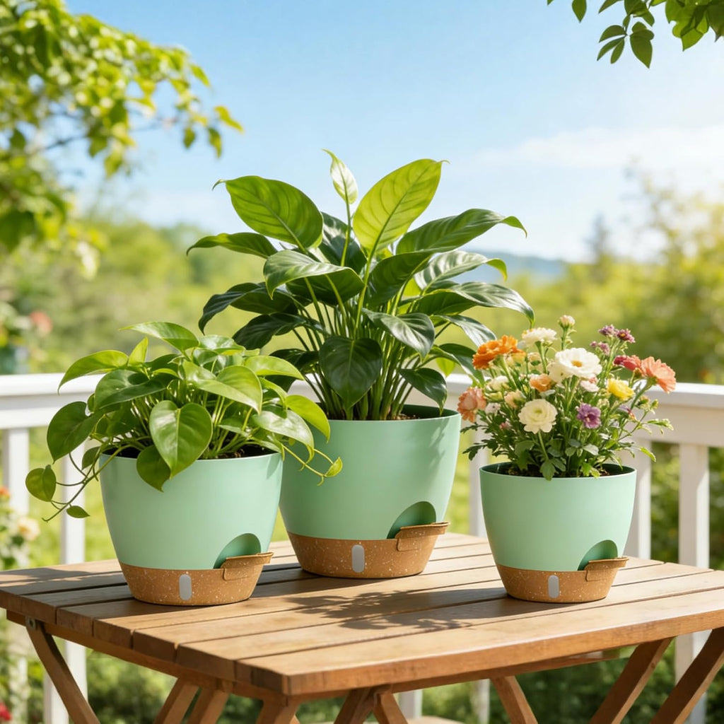 Plant Pots, 4 Pack 12/10/9/8 Inch Self Watering Pots with Drainage Holes, Water Level Indicator Deep Reservoir, Large