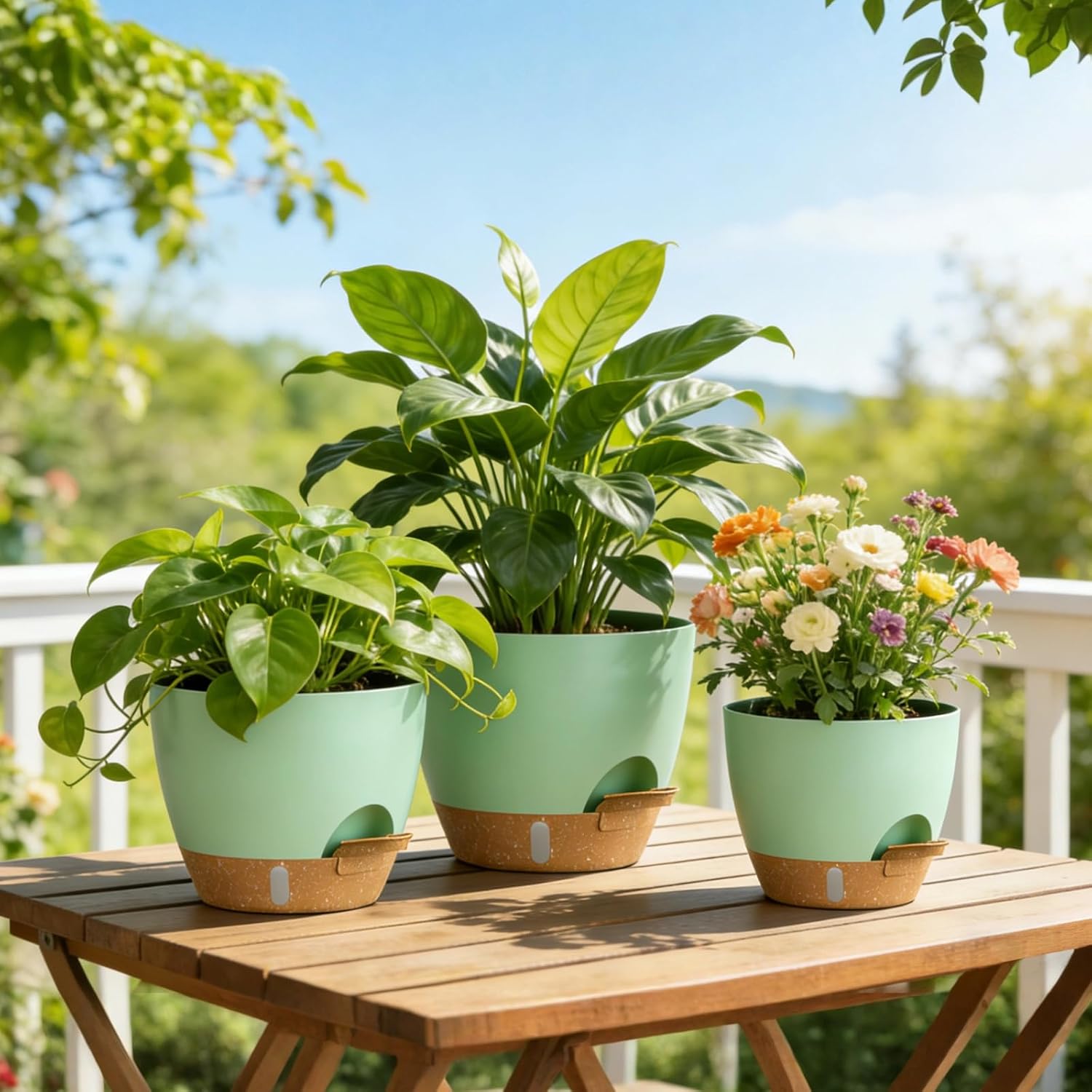 Plant Pots, 4 Pack 12/10/9/8 Inch Self Watering Pots with Drainage Holes, Water Level Indicator Deep Reservoir, Large