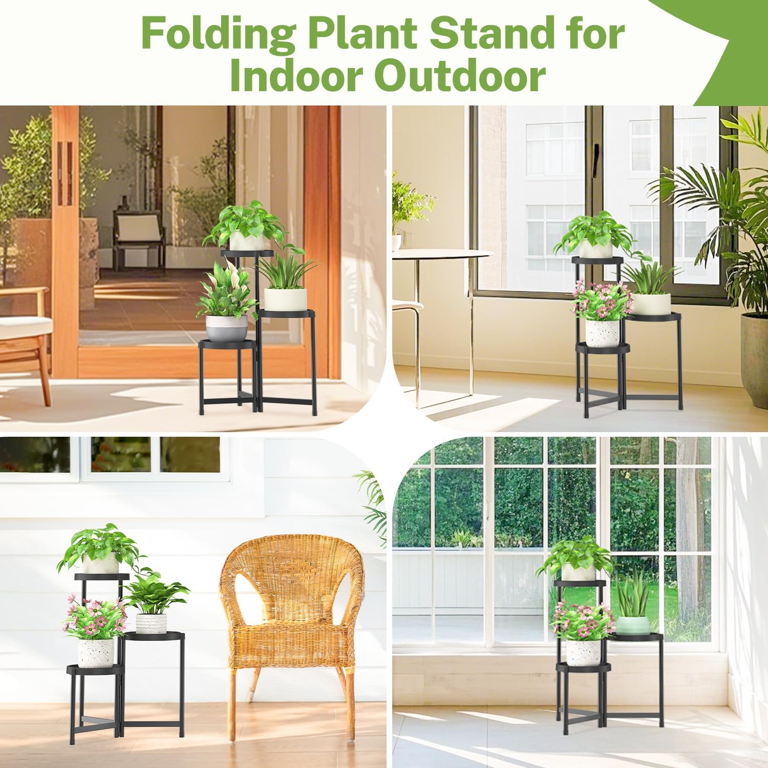 iDavosic.ly 3 Tier Folding Plant Stand Indoor Outdoor, Plastic Tray, Black | Space Saving Tiered Corner Storage Display