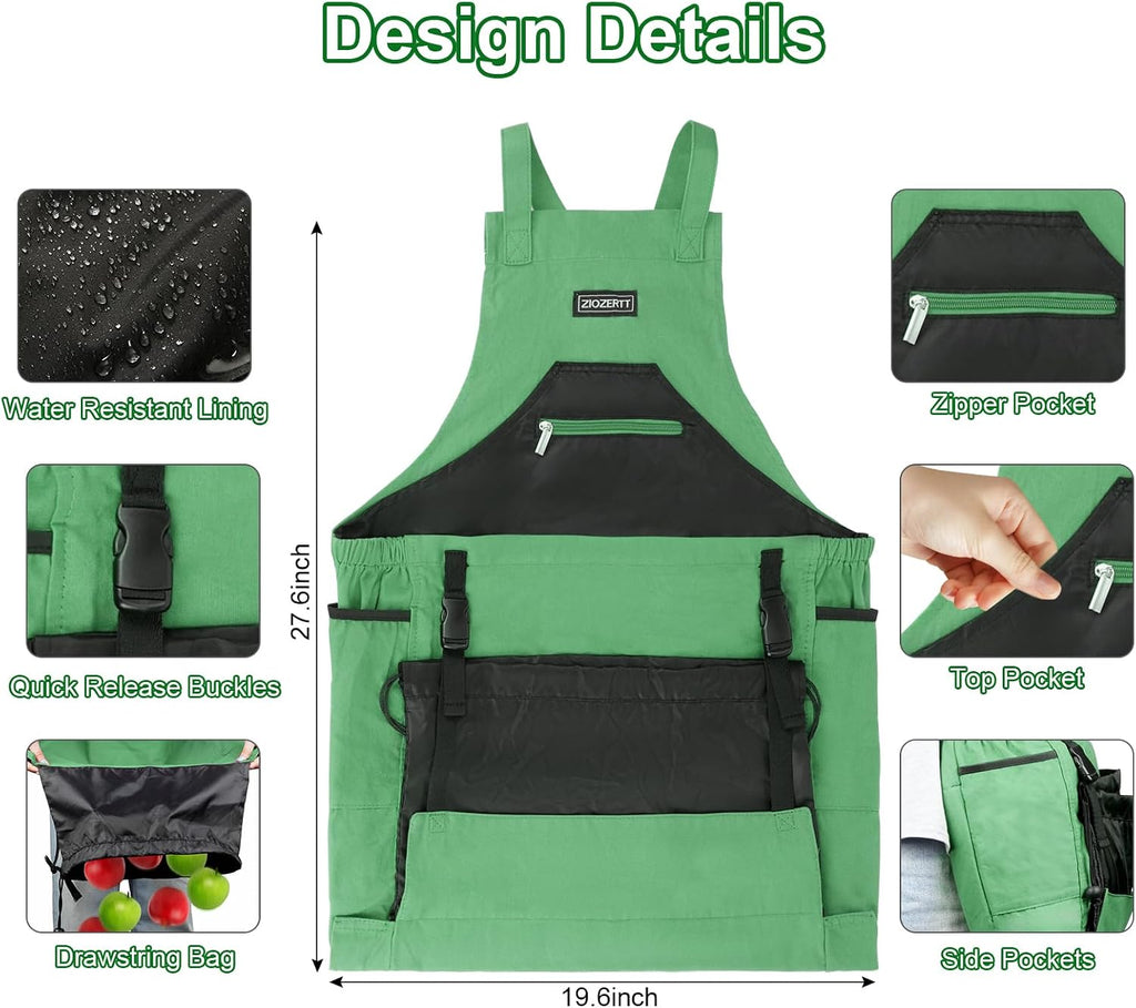 Garden Apron,Harvest Aprons with Drawstring Bag and Pockets for Women and Men,Canvas Fruit Picking Apron