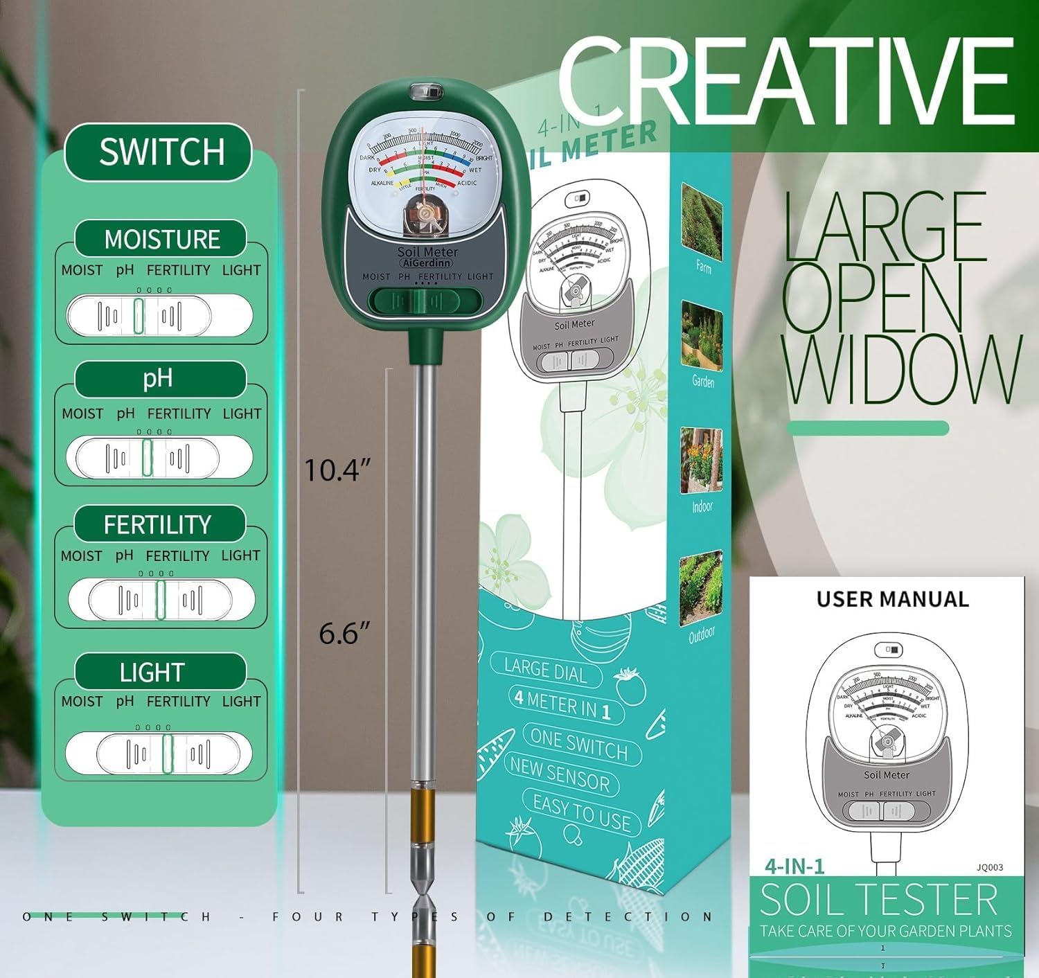 Soil Tester, Soil Moisture Meter/Soil pH Meter/Sun-Light/Fertility for Gardening, Large Dial Soil pH Tester Plant Water