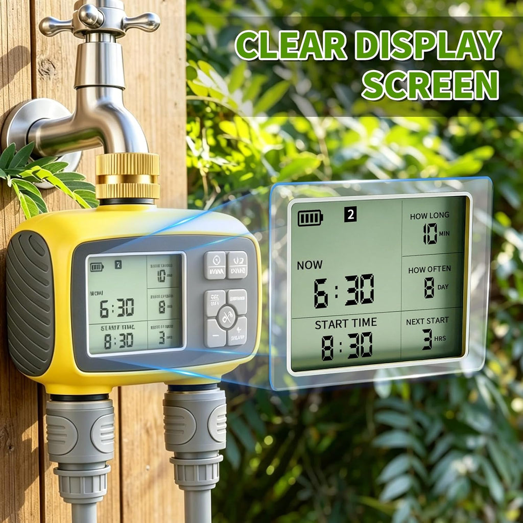 Upgraded Brass Sprinkler Timer-2 Zone Water Hose Timers with Metal Inlet & Outlet-Waterproof & Programmable Design