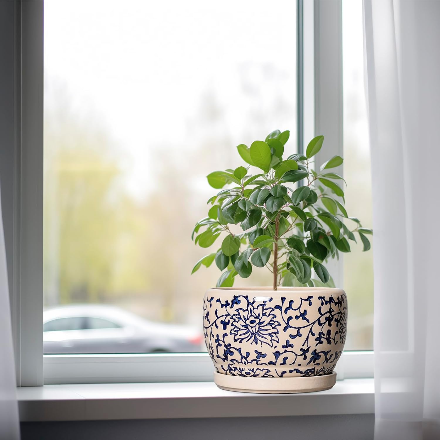 SQOWL Ceramic Planters for Indoor Plants - 8 inch Plant Pot with Drainage Hole and Saucer, Decorative Flower Pot