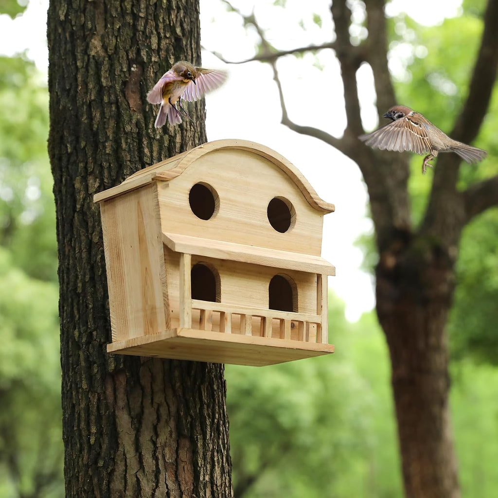 Bird Houses for Outside, 4 Hole Wooden Birdhouse for Outdoor Large Hanging Bird House Backyard Birding & Wildlife