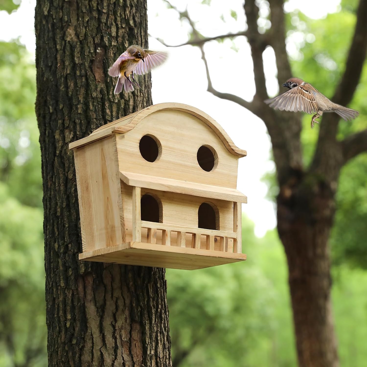 Bird Houses for Outside, 4 Hole Wooden Birdhouse for Outdoor Large Hanging Bird House Backyard Birding & Wildlife