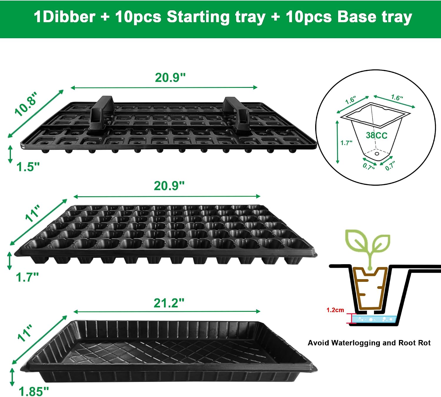 Oscorna (20Pack) 72-Cell Seed Starter Trays with Dibber, 10 Pack Nursery Starting with Base Tray, 72 Hole Soil Digger