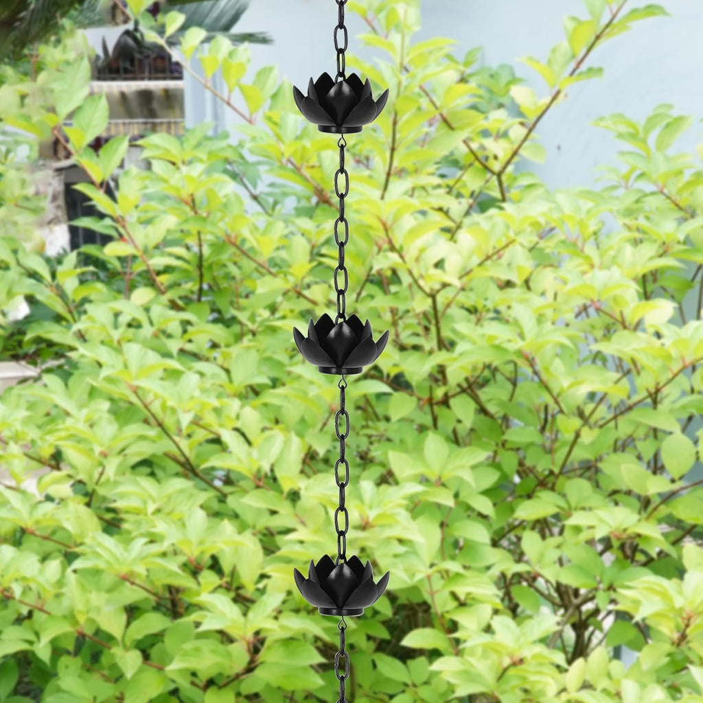 Rifachua 8.5ft Black Lotus Rain Chain for Gutter Downspout Outside | 12 Black Lotus Rain Chains Cups, Functional and
