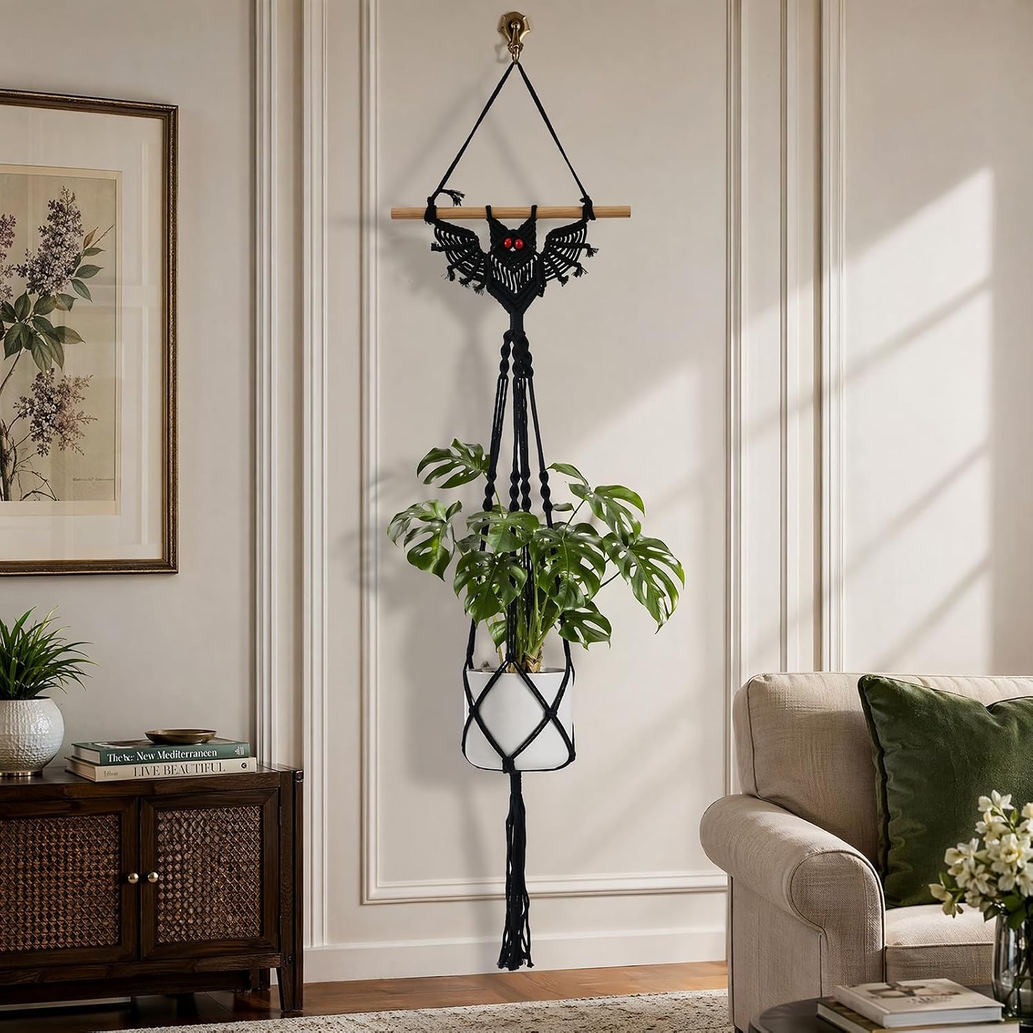 2-Pack Boho Bat Shape Gothic Plant Hanger, Macrame Handmade Pot Holder with Wooden Stick, Black Color Pot Holder for