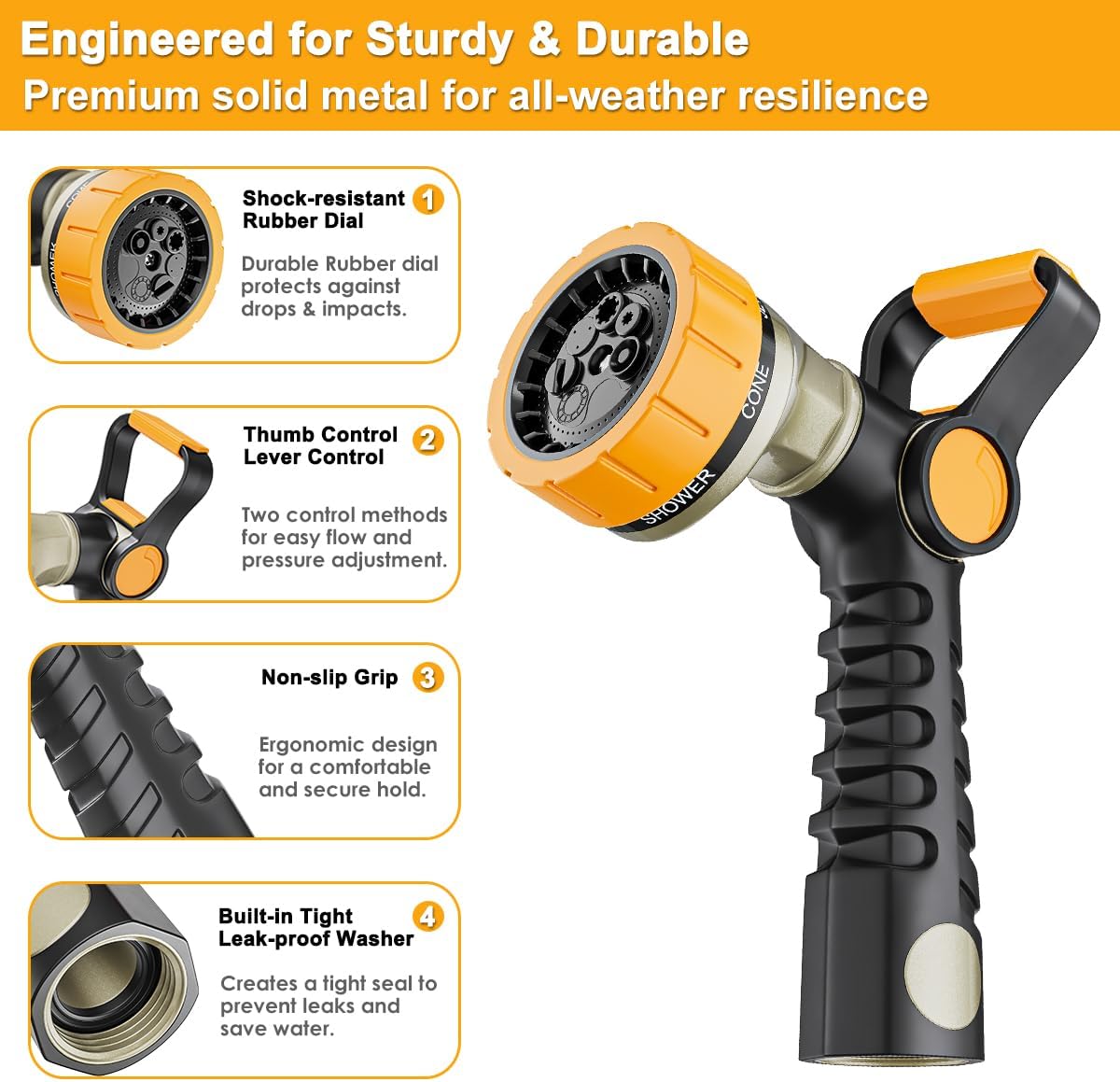 FANHAO Fireman Style Garden Hose Nozzle, Heavy Duty Metal Water Hose Nozzle | Thumb Control & Large Lever Control, 7