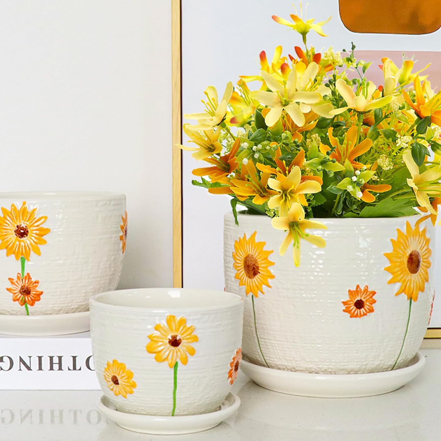 Hlukana Ceramic Plant Pots Set of 3, 6.75/5.6/4.2 inch Planters with Drainage Holes and Saucer, Flower Pots Outdoor